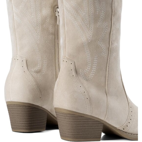 Women's Beige Comfortable Chunky Heel Embroidered Western Retro Knee High Boot - Picture 6 of 9